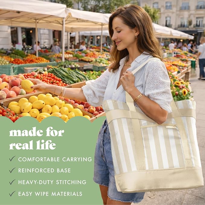 Fit & Fresh XL Insulated Cooler Bag for Groceries, Collapsible Soft Cooler | Leak-Resistant, Easy-to-Clean & Durable Food Carrier, Thermal Cooler Bag, Insulated Grocery Tote Bag, Farmers Market Tote Bag