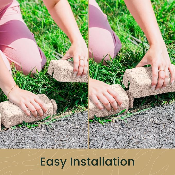 Landscape Edging | Garden Edging Border | Polyrock Bricks for Lawn edging, Flower beds, Pathways & Yard Edging– 4 Packs | Each Section Has 6 Bricks 48"L x 4"W x 2.25"H | 12 Spikes |Cobblestone