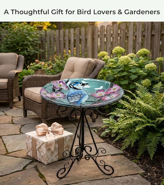 Large Glass Bird Bath with Metal Stand, Blue Jay | 18" Wide Bowl, 3.2" Bathing Depth, Thick Glass Construction, Stable 3-Leg Base, Easy Clean Surface, Garden Decor