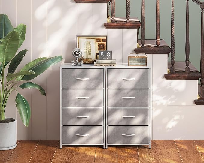 AODK Small Dresser for Bedroom with 4 Storage Drawers, Light Grey | Dressers Chest of Drawers Fabric Dresser with Sturdy Steel Frame, Dressers for Closet with Wood Top