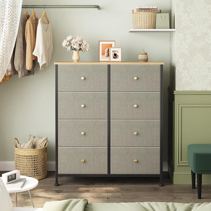 OLIXIS 8 Drawer Storage Dresser with Wood Top - Wide Fabric Chest Organizer for Bedroom, Closet, Living Room,Tower Cabinet, TV Stand, Hallway Entryway Furniture,Dark Green
