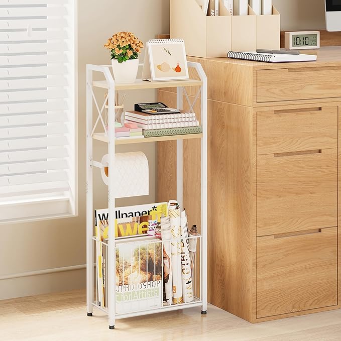 HapiRm Freestanding Toilet Paper Holder - 4-Tier Bathroom Tissue Organizer with Wood Shelves and Large Basket, Toilet Paper Holder Stand for Bathroom, Laundry Room, Apartment - White（Large）