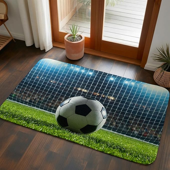 Front Door Mat Indoor Outdoor 19.7"x31.5", Football Absorbent Non Slip Welcome Mat, Soccer Ball Sports Net Mesh Evening Match Low Profile Entryway Rug for Front Entrance Porch Back Door Patio