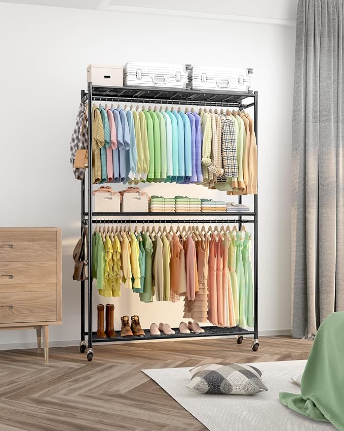 Sakugi Clothes Rack - 45.2" x 12.2" x 79.5" Clothing Rack with Shelves & Wheels, Multi-Functional Wardrobe Closet with Hooks, Sturdy Metal Garment Rack for Bedroom, Laundry, Balcony (Black)