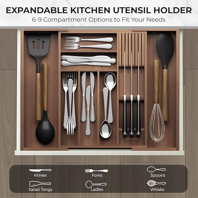 TIOPGHAD Bamboo-Silverware-Drawer-Organizer-Kitchen, Expandable Utensil Holder Cutlery Tray Flatware Organization Adjustable Wood Tableware Dividers Storage (with Removable Knife Block)(Brown)