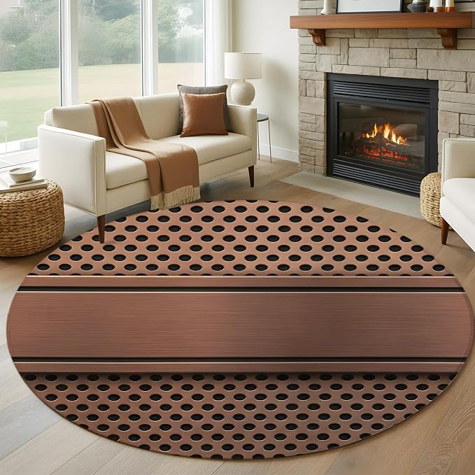 8 Ft Round Rug for Large Living Room, Brown Metal Hole Indoor Accent Rugs for Apartment, Copper Net Eye Hole Pattern Decorative Circle Carpet Washable Low Pile Non Slip, Rug for Bedroom/Office