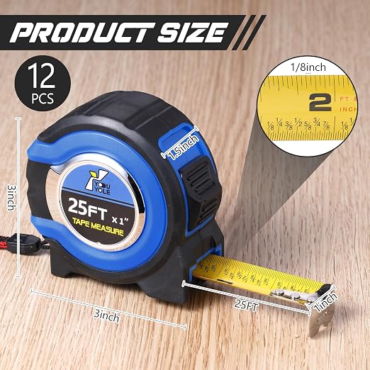 Youyole 12 Pack Tape Measure with Fractions 1/8 Steel Measuring Tape Retractable Easy Read Measurement Ruler Steel Power Blade (25 ft X 1 in,Blue)