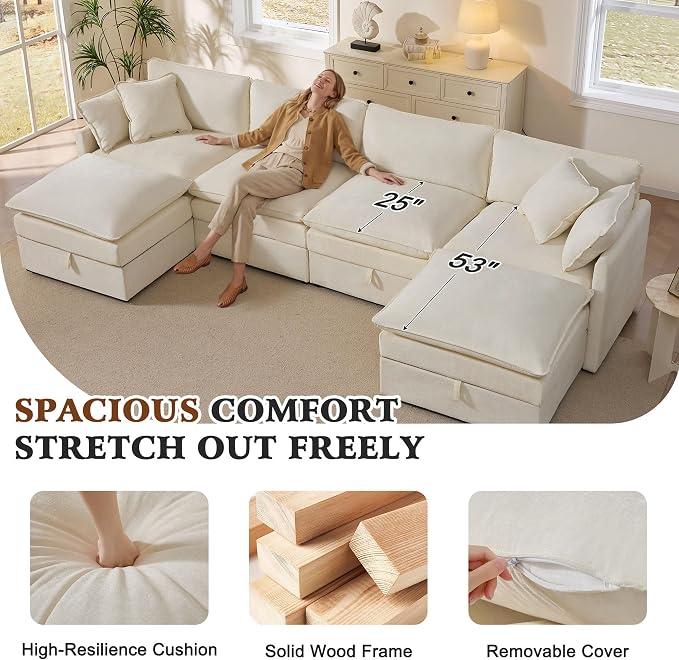 Ihanherry 135” Modular Sectional Sofa with Storage, U Shaped Cloud Couch with Movable Ottomans & 4 Pillows, Chenille Deep Seat Sectional Couches for Living Room, Apartment (Beige)