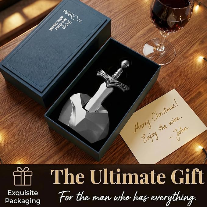 Ah So Wine Opener, Excalibur Sword Wine Corkscrew with Display Base, Premium Zinc Alloy Vintage Bronze Corkscrew for Fragile Corks, Unique Wine Gifts for Man, Collectors & Luxury Bar Decor (Silver)