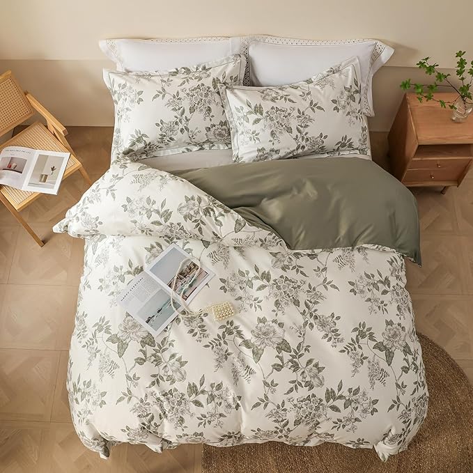 OAITE Duvet Cover Set King Size Floral Pattern 600 Thread Count Ultra Soft 100% Long Staple Cotton Duvet Cover Sets 3-PC, Breathable Duvet Cover with Zipper Closure & Corner Ties