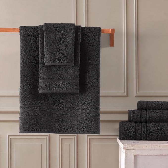 Black 6 Pack Bath Towels Sets Linen for Bathroom Original Turkish Cotton Soft, Absorbent and Premium 2 Bath, 2 Hand, 2 Washcloths
