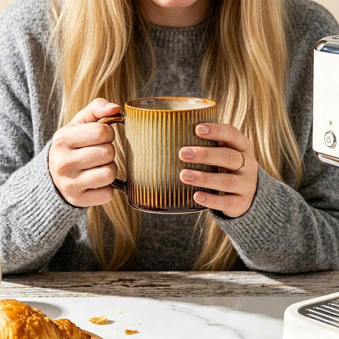 theterra Ceramic Coffee Mugs Set of 6, 14.2oz Handmade Coffee Cups with Handle for Latte, Tea, Milk, Beer, Hot Cocoa, Creamy Amber