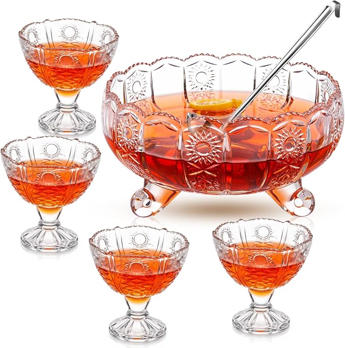 LemonRoad Crystal Glass Punch Bowl Set 1 Large Glass Punch Bowl with Ladle and 4 Cups for Party Wedding Serveware Centerpiece Table Decoration 9.5" x 5.5"(Vintage Style)