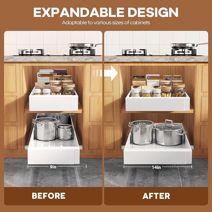 Seinloes 2 Pack Expandable Pull Out Cabinet Organizer 21" Deep with Raising Pad for Framed Cabinets,Upgrade 3 Slide Rails Slide Out Drawers,Roll Out Shelves Adhesive,Adjustable Width 9"-14.1" White