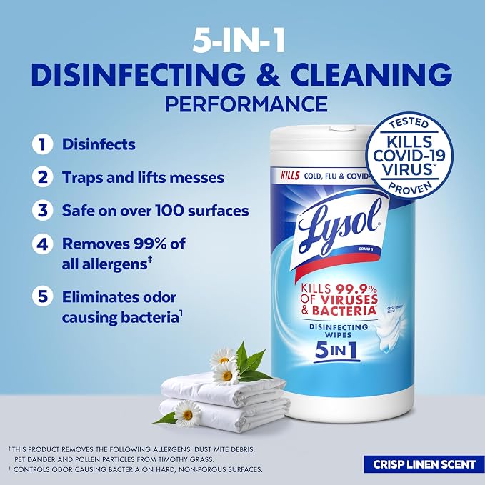 LYSOL Disinfecting Wipes, All Purpose Cleaner, Multi-Surface Antibacterial Cleaning Wipes, Household Cleaning Supplies, Dorm Essentials, Crisp Linen Scent, 80 ct.