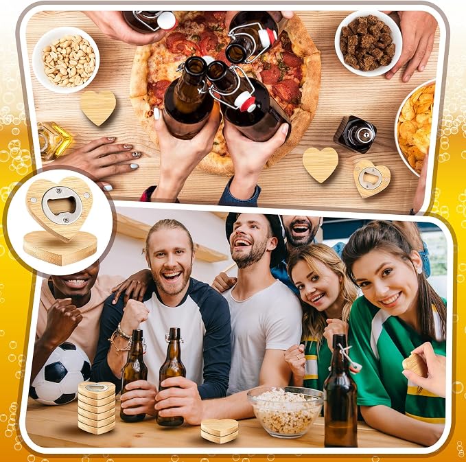 Vesici 50 Pcs Magnetic Bottle Opener 2.5in DIY Bamboo Heart Shape Beer Openers Wooden Fridge Magnet Refrigerator Sticker Gift for Beer Lover Wedding Guest Kitchens Bars Parties