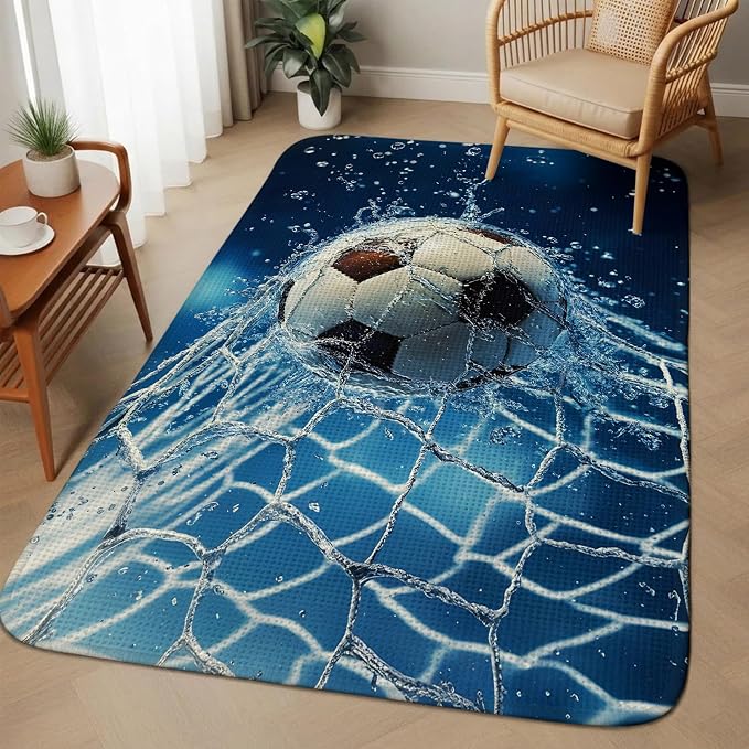 Soccer Ball Washable Area Rugs for Living Room Bedroom, Large Non Slip Indoor Floor Carpet Absorbent Low Pile Wet Net Power Shot Blue Football Door Mat Rugs for Bathroom Entryway 63"x78.7"