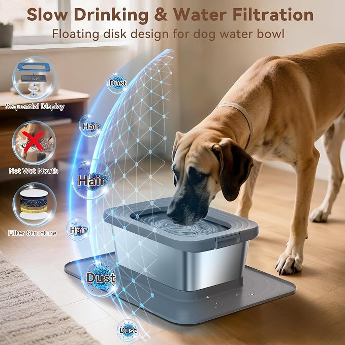 10L No Spill Dog Water Bowl Stainless Steel for Messy Drinkers | Large Capacity Slobber Stopper, Slow Drinking Anti Splash Design, XXL Silicone Mat, For Large Dogs & Multi-pet Homes, Grey