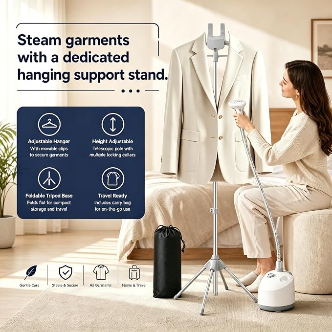 Foldable Steamer Stand – Adjustable Clothes Hanger Rack for Travel | Foldable Steamer Stand with Ironing Gloves, Lint Remover, Storage Bag & Portable Ironing Board – Ideal for home & travel.