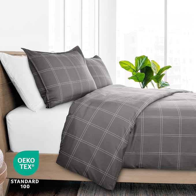 Bare Home Duvet Cover - Oversized King Size Bedding Set - Premium 1800 Super Soft Collection - Lightweight, Cooling - Soft Breathable Duvet Cover (Oversized King, Modern Plaid - Grey/White)