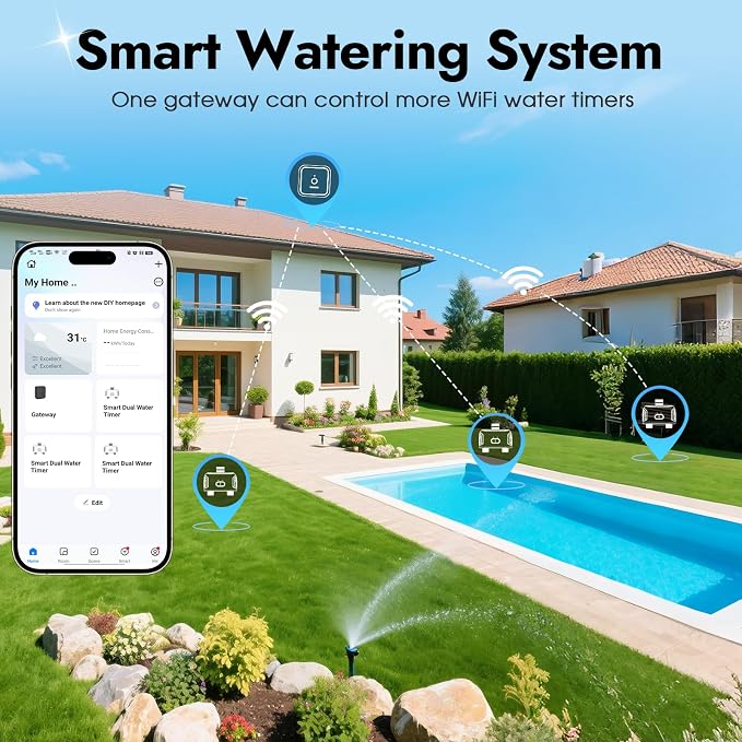WiFi Water Timer for Garden Hose with Brass Inlet,Smart Hose Timer with WiFi Hub, APP & Voice Control,Up to 20 Watering Plans, 2-Zone Sprinkler Drip Irrigation System Controller for Yard Lawn Watering
