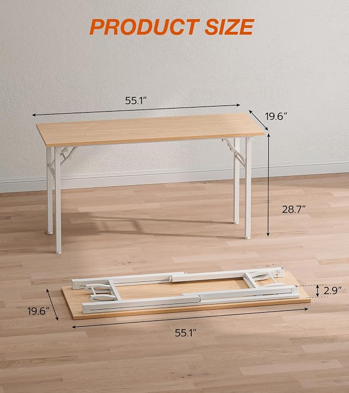 XBurmo Folding Desk Foldable Table, No Assembly 55.1" Foldable Desk Space-Saving Workstation for Small Space, Computer Table, Flat Storage for Home Office, Bedroom, Dorm, Study Room, Light Maple