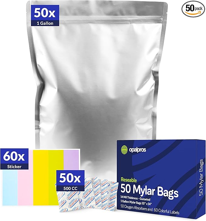 50-Pack 14 Mil Mylar Bags with Oxygen Absorbers, Gusseted 1 Gallon with 500cc OA - Resealable Mylar Bags for Food Storage with Colourful labels