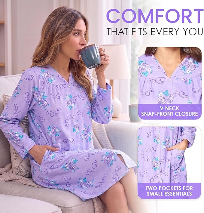 Casual Nights Women's Floral Snap Front Flannel Duster Long Sleeve Lounger Dress