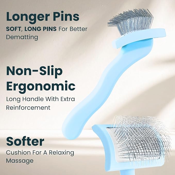Pet Slicker Brush With Soft Massage Grooming Stainless Steel Pins - For Dematting, Shedding Fur, and Undercoat - Ideal Gift for Professional Pet Groomers - Long Slicker Brush (Blue, Curved Medium)