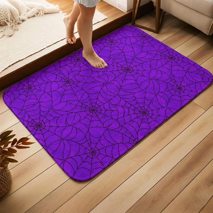 Small Door Mat Indoor Outdoor 15.7"x23.6", Purple Halloween Absorbent Non Slip Entry Rug, Black Spiders Net Classic Gingham Low Profile Welcome Mat for Front/Side Door Apartment Entrance Bathroom