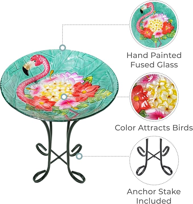 Teamson Home 17.8 in. Fusion Glass Birdbath, Multi | Bird Design, Tropical Flamingo Design, Foldable Metal Stand, Ground Hook