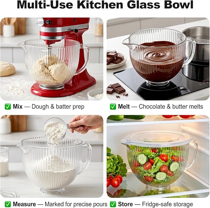 Glass Mixing Bowl for KitchenAid, Fits 4.5-5 Quart Tilt-Head Stand Mixers | 5 Qt Kitchen Aid Glass Mixer Bowl with Handle, Pour Spout & Measurement Markings by Focollk