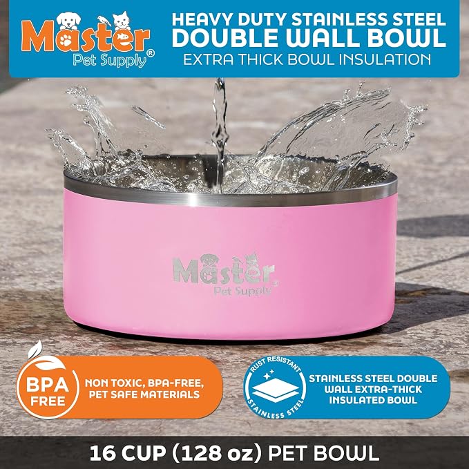 Master Pet Supply Stainless Steel Dog Bowls - 128 oz, Heavy Duty - Hyper Pink, Double Wall Extra-Thick Insulated, Non-Slip Pet Water Bowl for Dogs, Cats & Pets, Anti Rust Metal, Dish Washer Safe