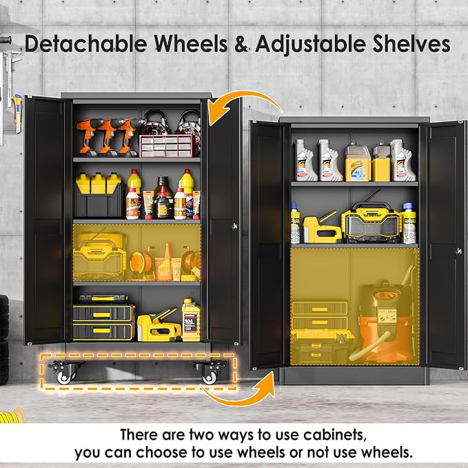 PAOFIN Metal Garage Storage Cabinet with Wheels,Steel File Cabinets with 2 Doors and 3 Adjustable Shelves for Home Office, Warehouse, Required Assembly,Black