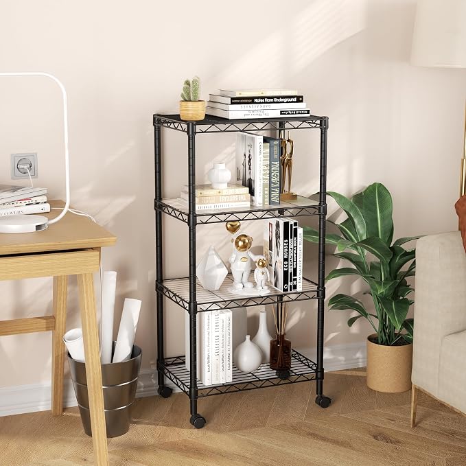 SINGAYE 4 Shelves Storage Shelf Wire Shelving Unit Metal Adjustable Wheels | Small Shelf Storage with Wheels Organizers Closet Unit for Bathroom Laundry Room Kitchen Pantry11.5D x 17.5W x 45H Black