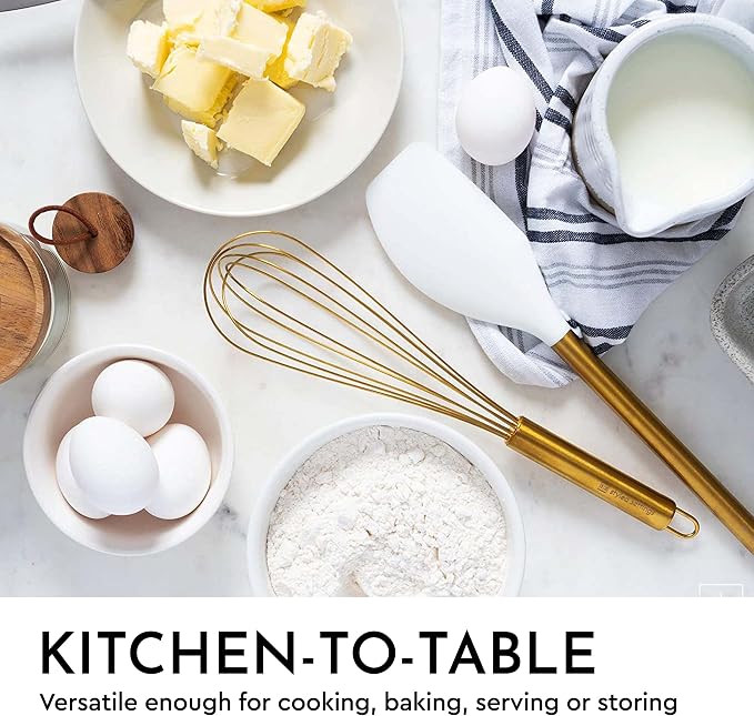 Gold Kitchen Utensils Set – 7-Piece White Silicone Cooking Tools with Gold Utensil Holder – Luxury Kitchen Accessories for Stylish Cooking and Serving, Ideal for Gifting