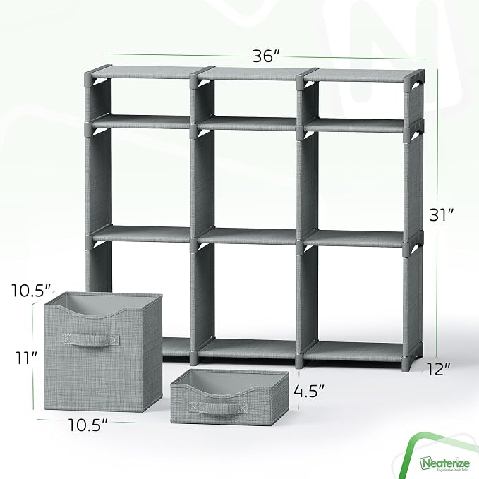 Cube Storage Organizer with 9 Storage Bins Included – Storage Cubes for Home Organization, Toy Storage, Office Storage, Living Room Storage, and General Storage Solution (Grey)