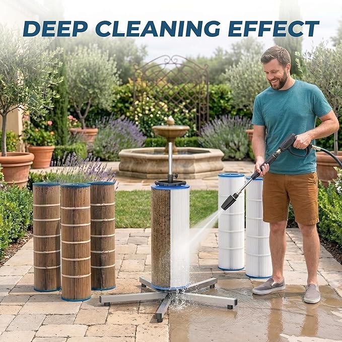 Deerchirp Filter Cleaner, Cut Cleaning Time By 6X for Deeper Cleaning, Rotary Pool Cartridge Filter Cleaner, Bend-Free Use, Stainless Steel Pool Filter Cleaning Stand Tool, Fits 3”, 4”, 6” ID Filters