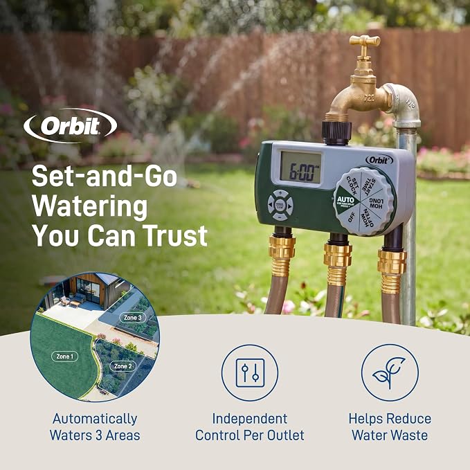 Orbit Programmable Digital Hose Watering Timer - 3 Outlet - Battery Powered - with LCD Screen - Built-in Rain Delay - Water-Resistant - 56082