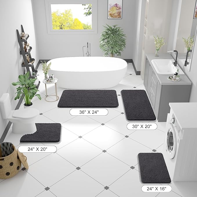 OLANLY Large Bathroom Rugs 70x46, Extra Soft Absorbent Chenille Bath Rugs, Rubber Backing Quick Dry, Machine Washable Bath Mats for Bathroom Floor, Tub and Shower, Home Decor Accessories, Dark Grey