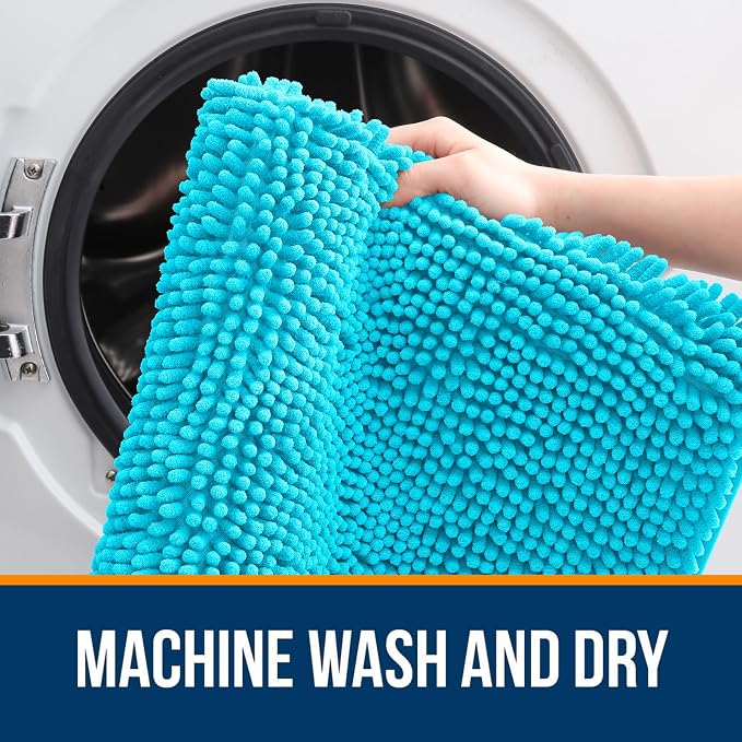 OLANLY Bathroom Runner Rugs 47x24, Soft Absorbent Chenille Bath Rugs, Rubber Backing Quick Dry, Machine Washable Long Bath Mats for Bathroom Floor, Tub and Shower, Home Decor Accessories, Aqua Sky