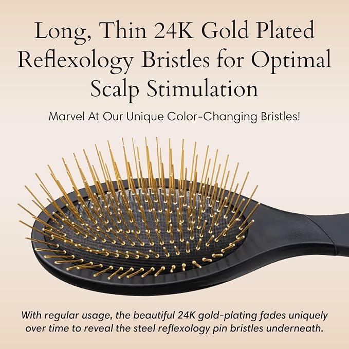 Snow Fox Skincare Gua Sha Hair Brush - Black Edition. Scalp Massage Comb with Gold-Plated Metal Bristles for Healthy Follicles. Soothing Gua Sha Acupressure Tool for All Hair Types