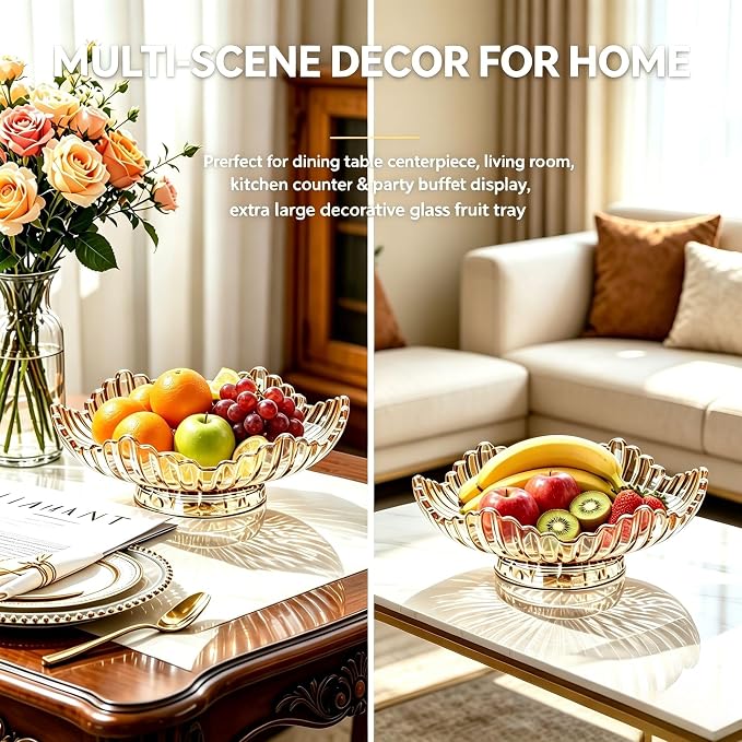 Rotatable Crystal Glass Fruit Bowl, Extra Large Flower Tray 12In | Smooth 360° spinning base, max 20kg load for kitchen & dining display