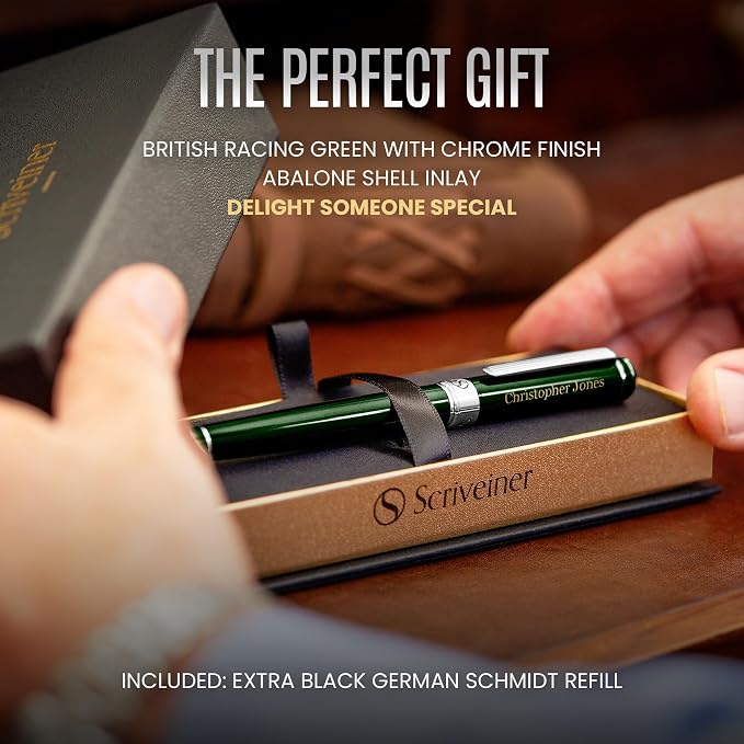 Scriveiner Personalized British Racing Green Rollerball Pen - Stunning Green Lacquer Luxury Pen with Chrome Finish, Schmidt Ink Refill, Engraved Roller Ball Gift Set for Men & Women, Custom Engraving