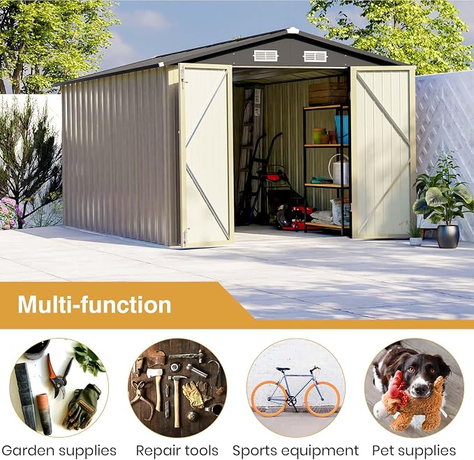 Patiowell 8x12 FT Outdoor Storage Shed, Brown | Steel Shed Storage House, Lockable Doors Design, Utility and Tool Storage, Garden, Patio, Backyard, Outside Use