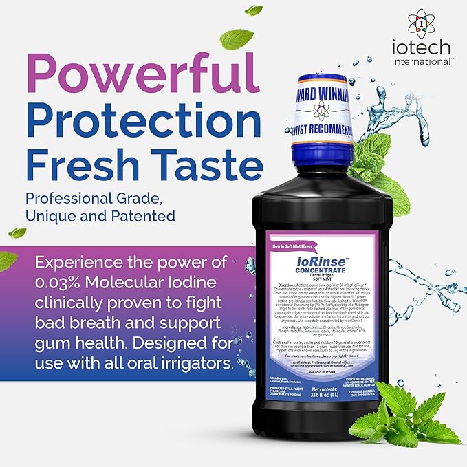 ioRinse Concentrated Irrigant with Active Molecular Iodine, Alcohol-Free Dental Irrigant, use with Water Flossers, and All Other Oral Irrigation Devices - Soft Mint - 33.8 oz