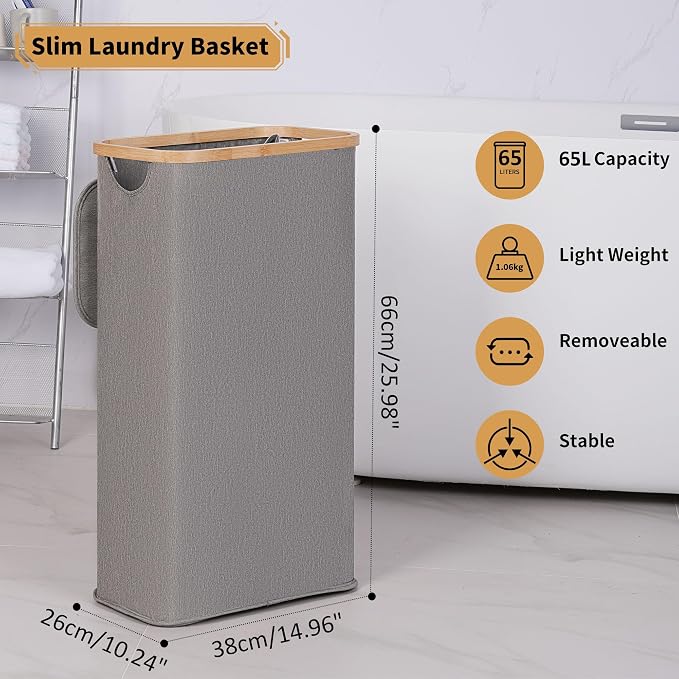 iEGrow 65L Slim Laundry Hamper, Narrow Laundry Basket with Lid,Foldable Clothes Hamper with Bamboo Handles,Hamper Basket with Removable Inner Bag for Laundry Room Bedroom College Dorm,17.17 Gals Grey