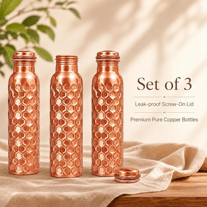 Copper Water Bottle,Ayurvedic Pure Copper Bottle For Drinking - Drink More Water, Lower Your Sugar Intake And Enjoy the Health Benefits Immediately,32 Oz(1Cleaning Brush +3 Diamond Bottle)