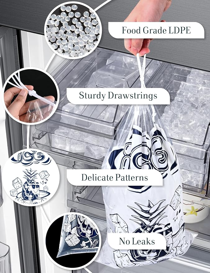50 Pack Ice Bags 20 lb with Drawstring, Heavy-Duty Ice Bags for Ice Machine(2 Mils Thickness)