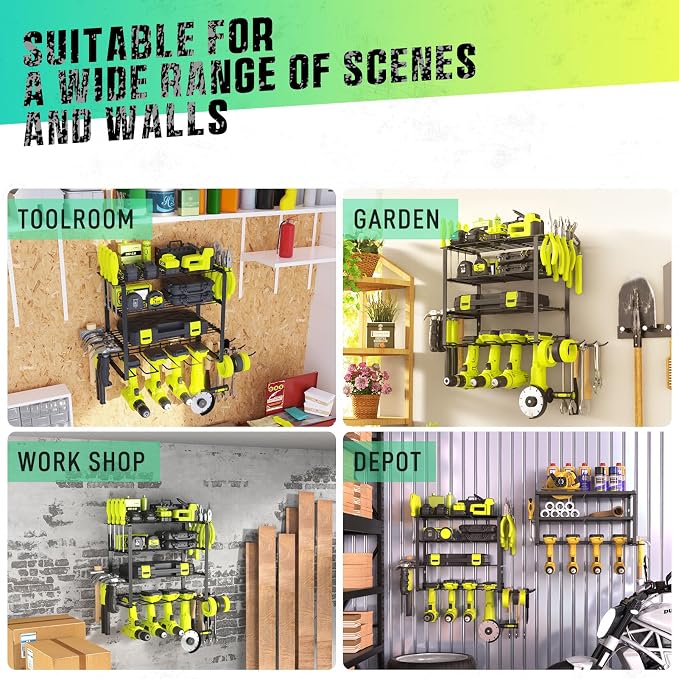 SUNALLY Power Tool Organizer, 4 Drill Holder Wall Mount, Garage Tool Organizer and Storage with Screwdriver Holder, Garage Organization, 4 Layer Cordless Drill Holder with Hammer Holder